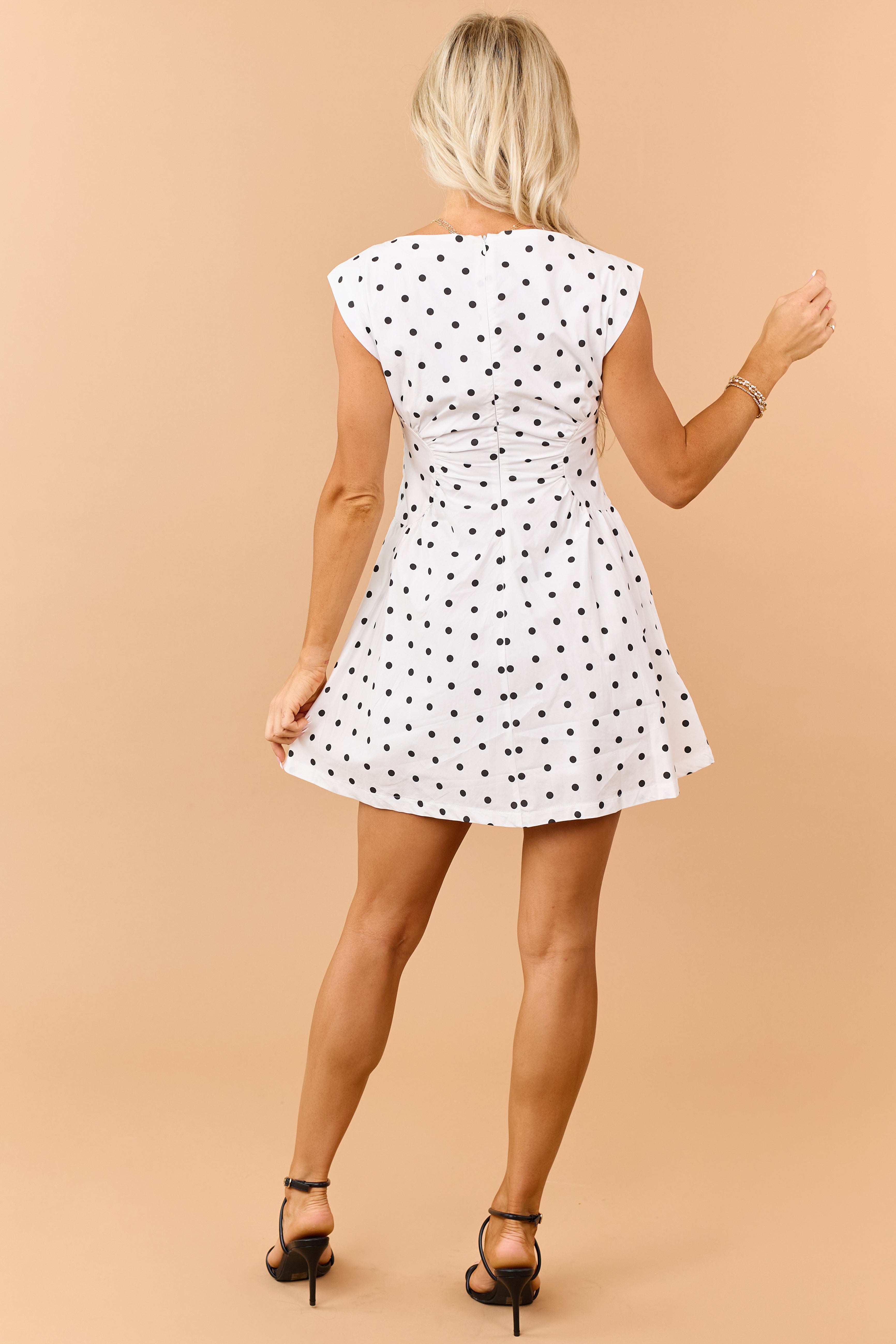 Off White Cotton Polka Dot Ruched Waist Mini Dress
