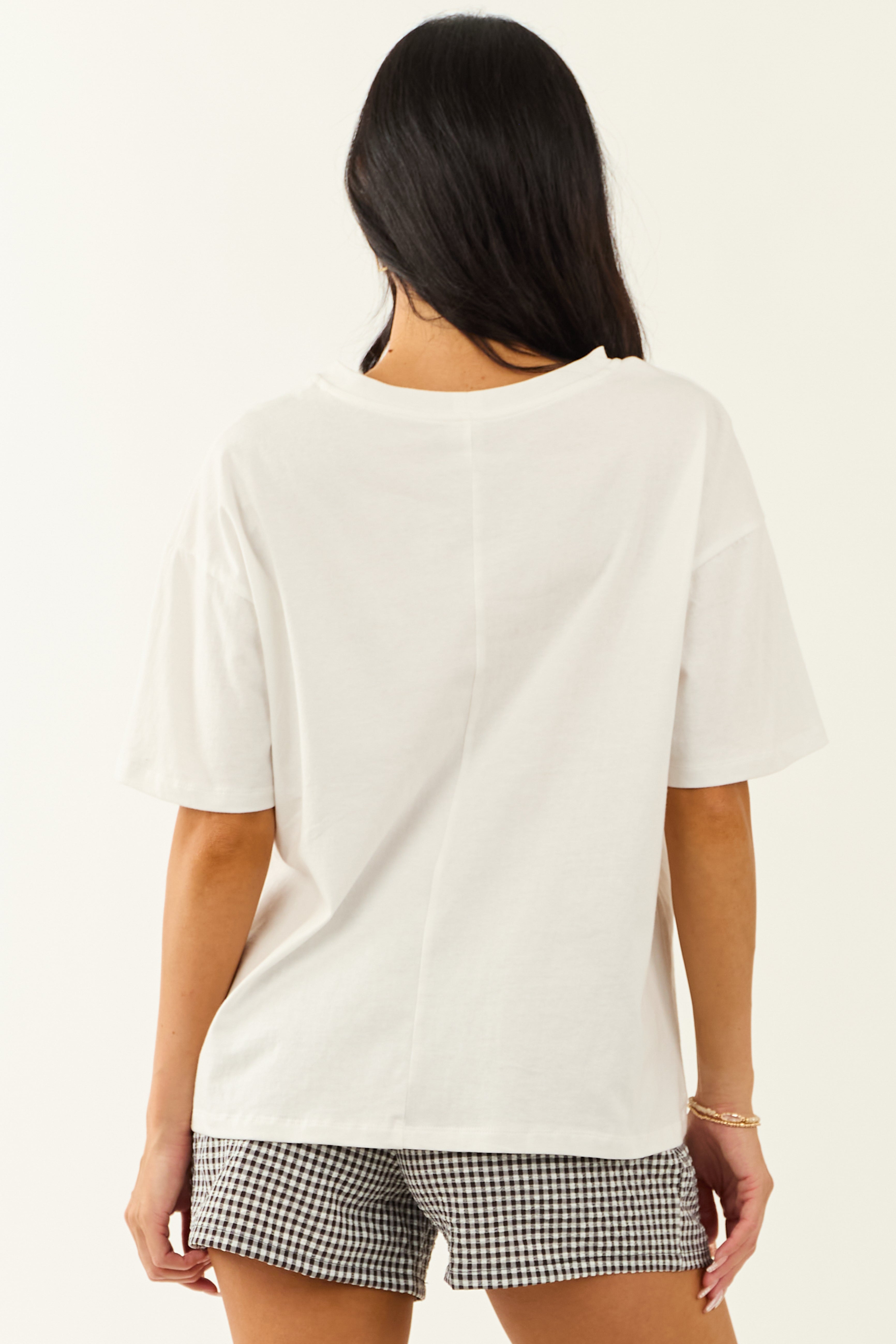 Off White Cotton Tee with Contrast Denim Pocket | Lime Lush