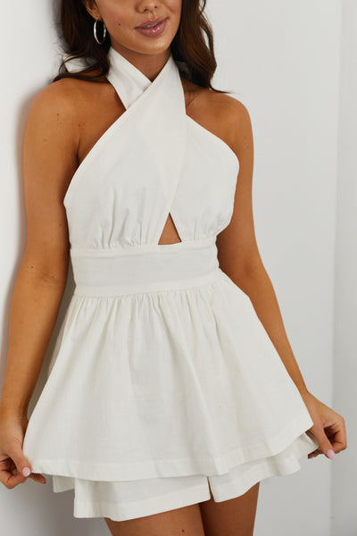 Off White Criss Cross Halter Neck Layered Romper