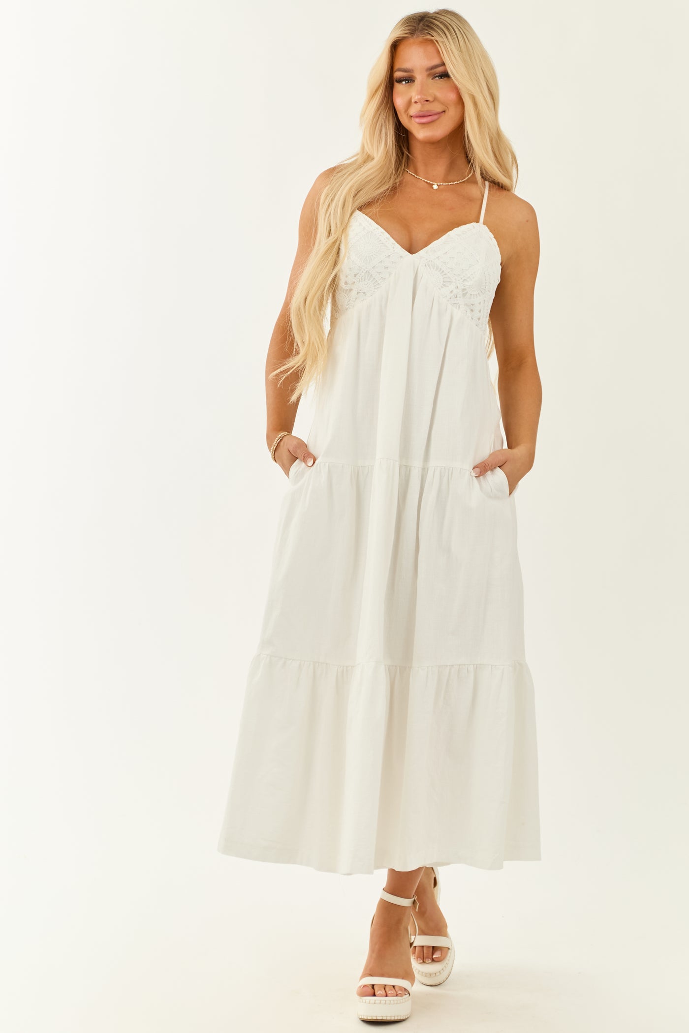 Off White Crochet Bust Sleeveless V Neck Maxi Dress