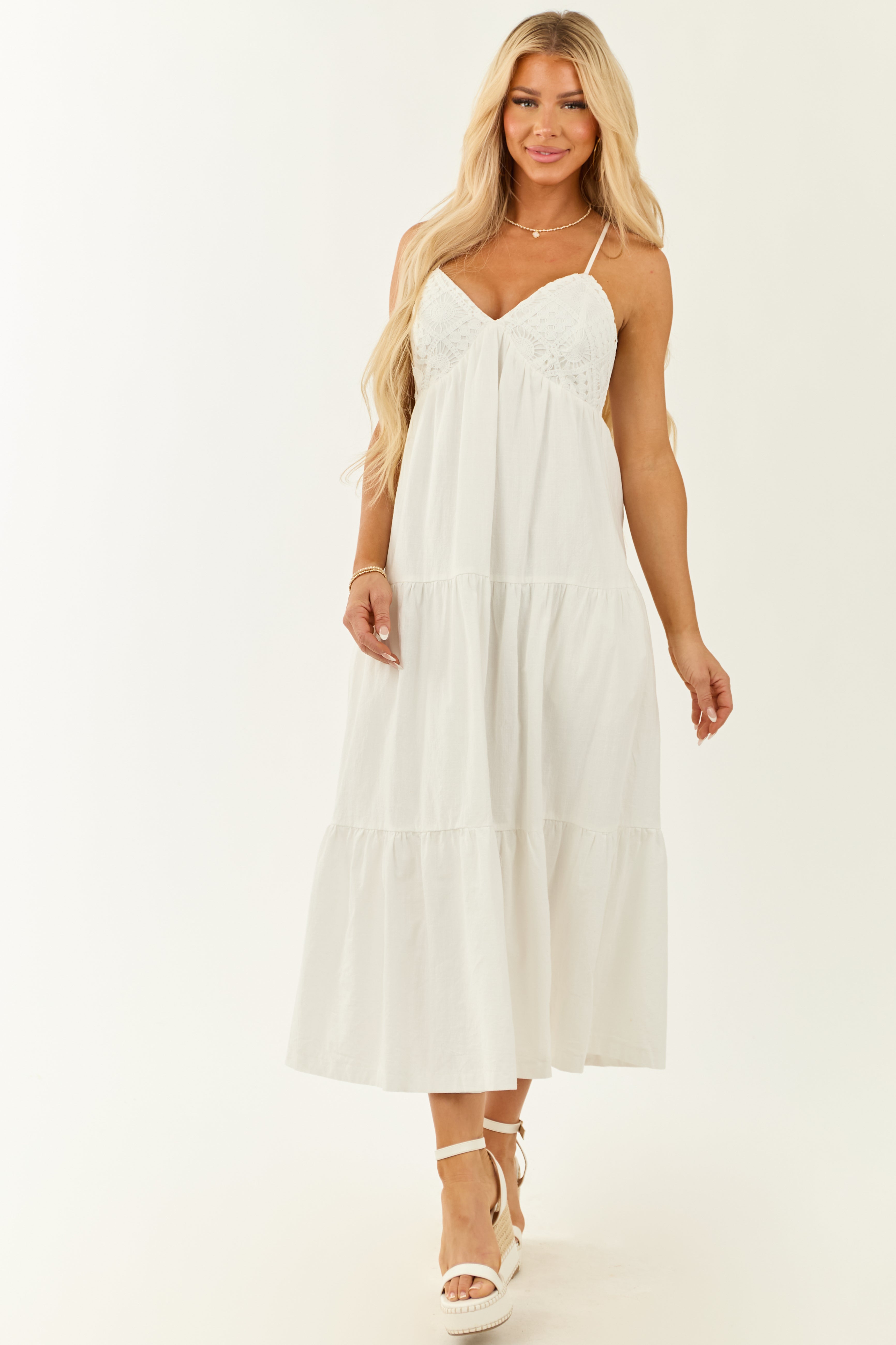 Off White Crochet Bust Sleeveless V Neck Maxi Dress