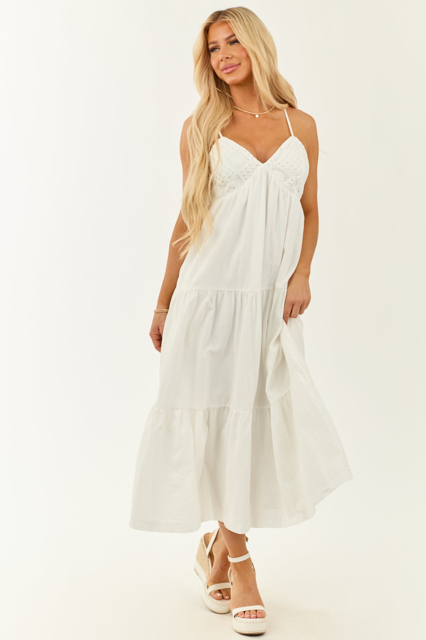 Off White Crochet Bust Sleeveless V Neck Maxi Dress