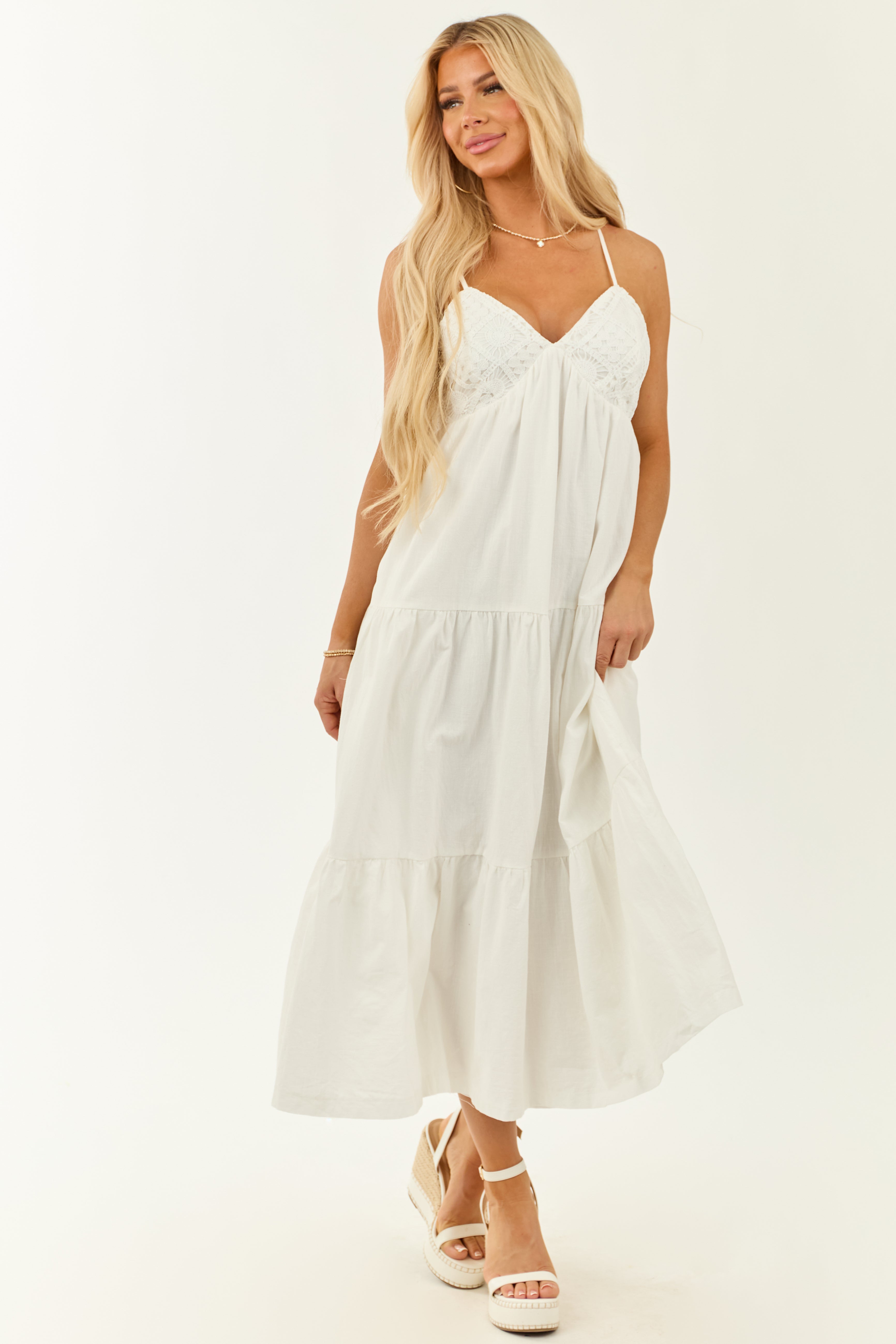 Off White Crochet Bust Sleeveless V Neck Maxi Dress