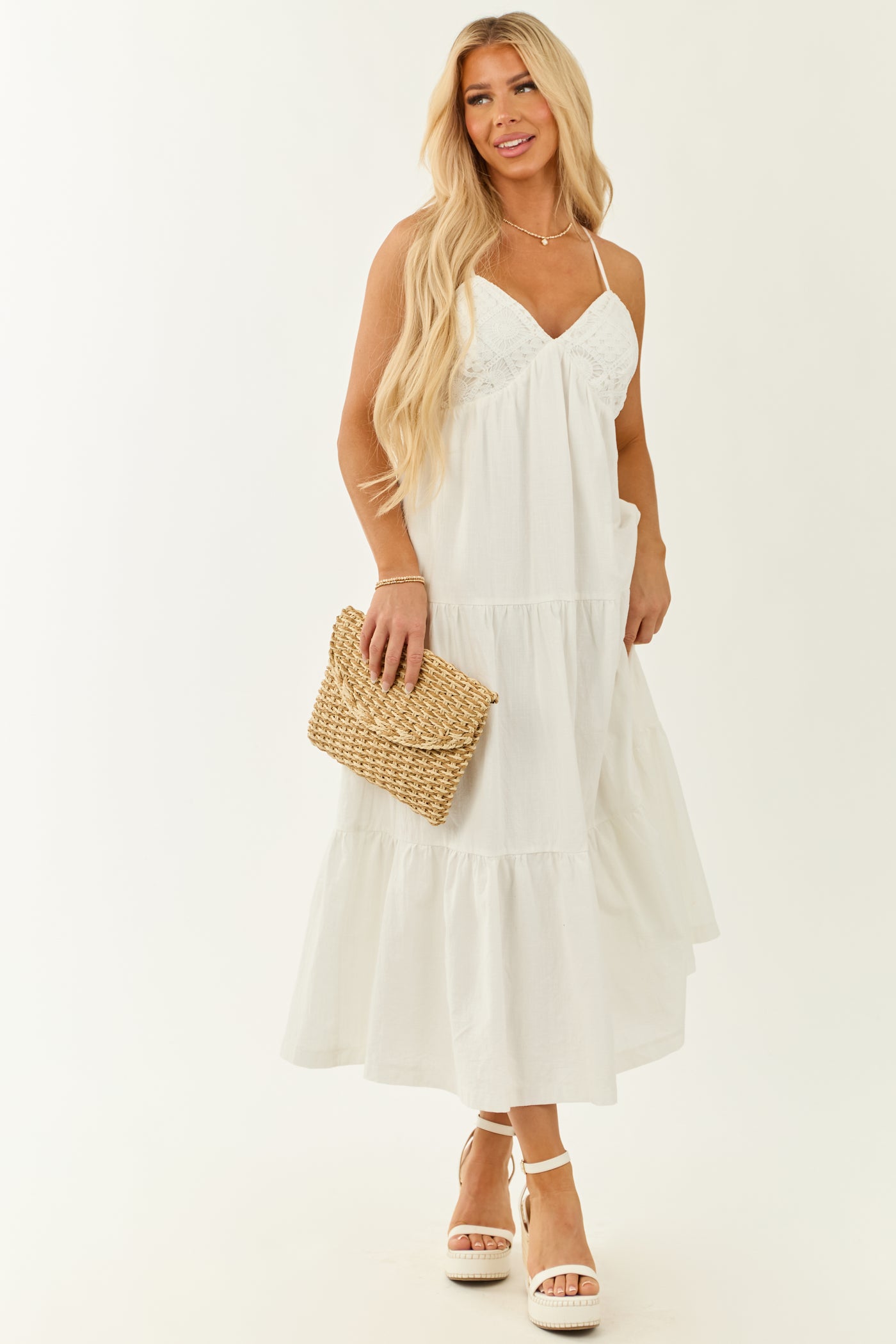 white crochet dress Off White Crochet Bust Sleeveless V Neck Maxi Dress