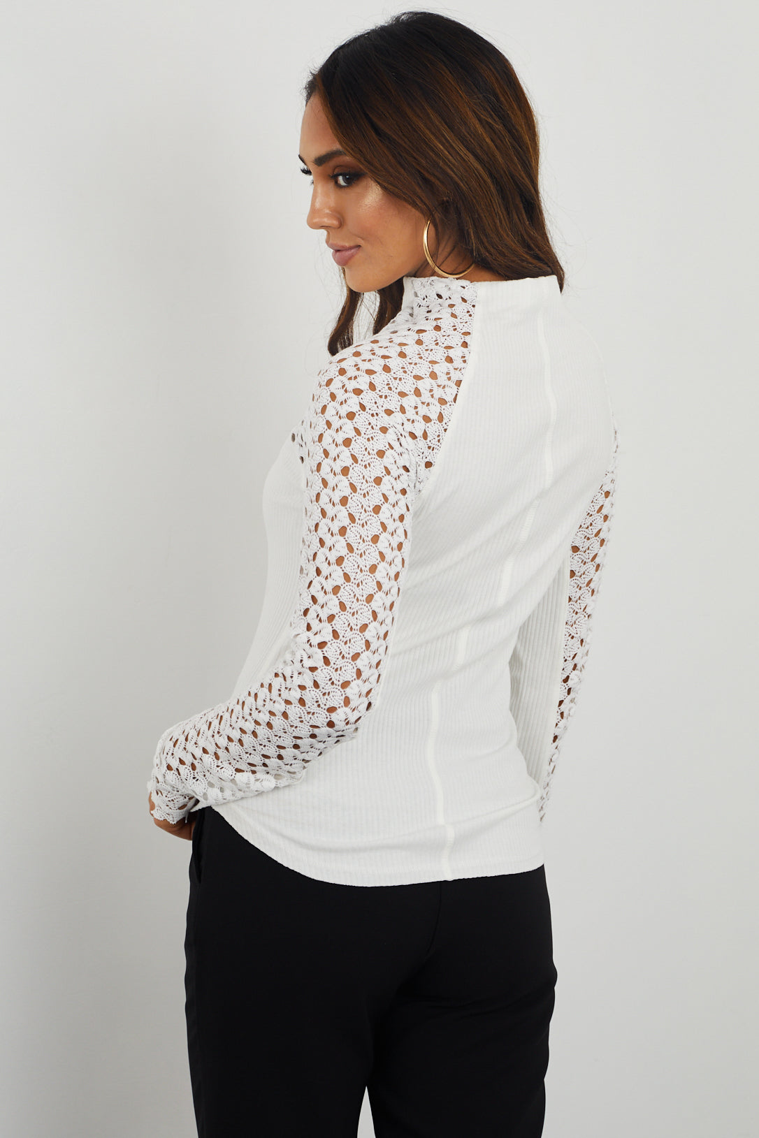 Off White Crochet Lace Long Sleeve Ribbed Top