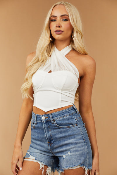 Off White Cropped Halter Neck Corset Top