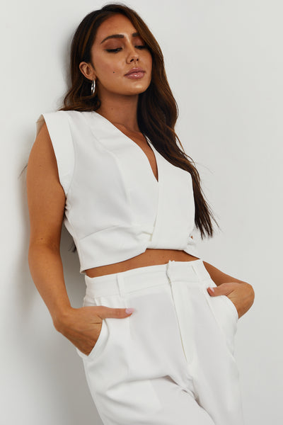 Off White Deep V Neck Top and Pants Set