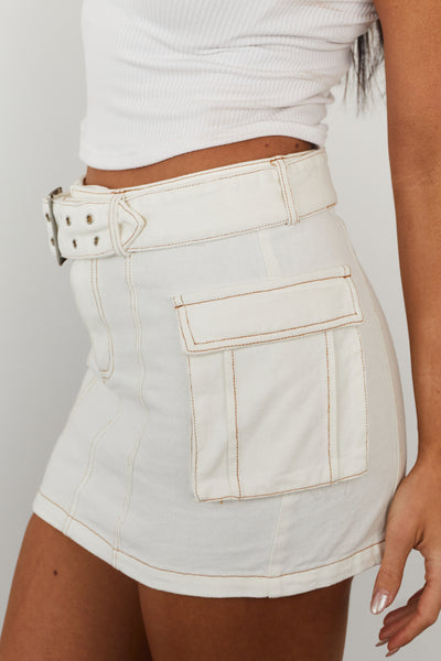 Off White Denim Cargo Contrast Stitching Mini Skirt