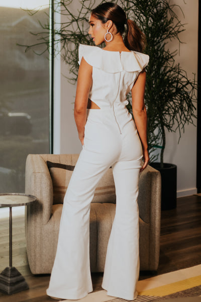 Off White Denim Ruffle Surplice Jumpsuit with Cut Outs