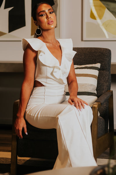 Off White Denim Ruffle Surplice Jumpsuit with Cut Outs