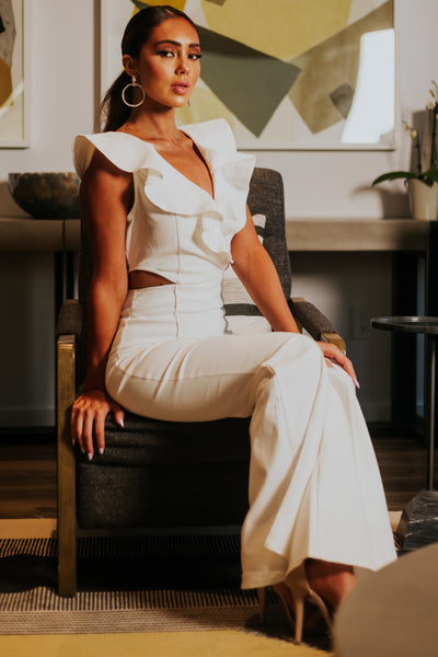 Off White Denim Ruffle Surplice Jumpsuit with Cut Outs
