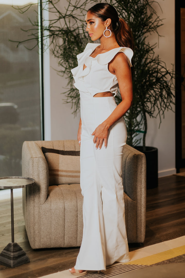 Off White Denim Ruffle Surplice Jumpsuit with Cut Outs
