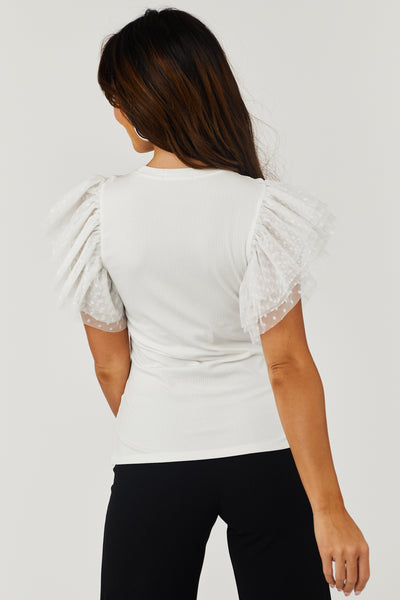 Off White Dotted Ruffle Tulle Ribbed Knit Top