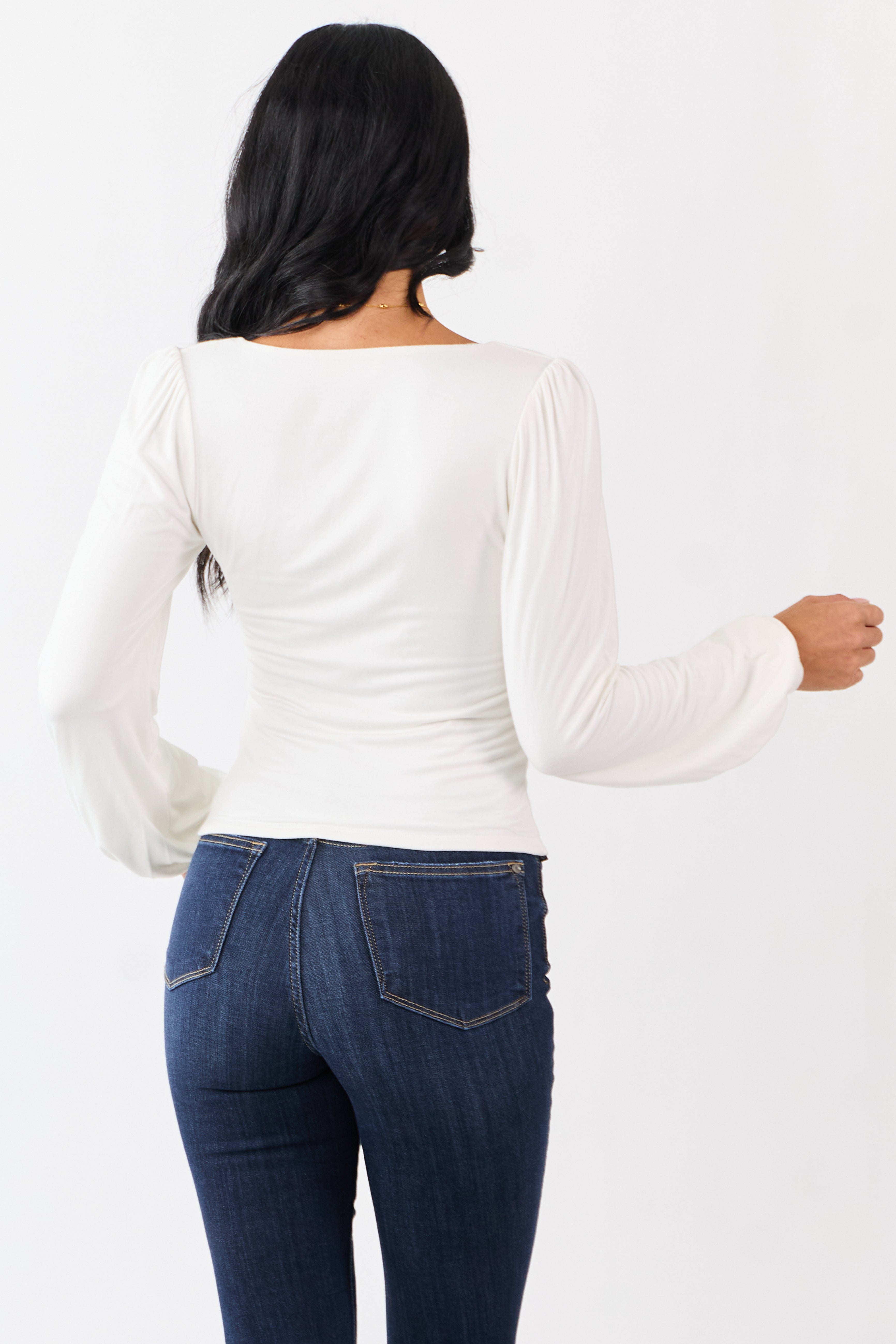 Off White Double Layer Knit Balloon Sleeve Top