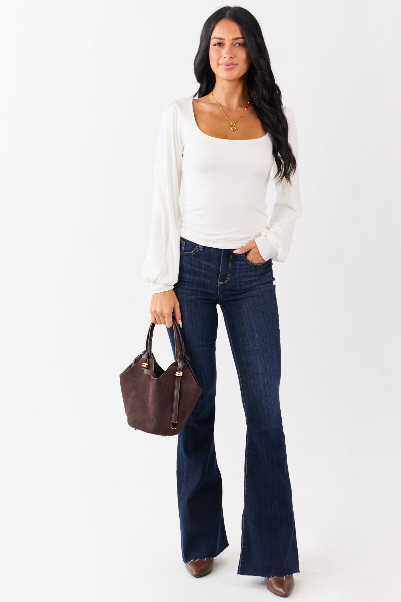 Off White Double Layer Knit Balloon Sleeve Top