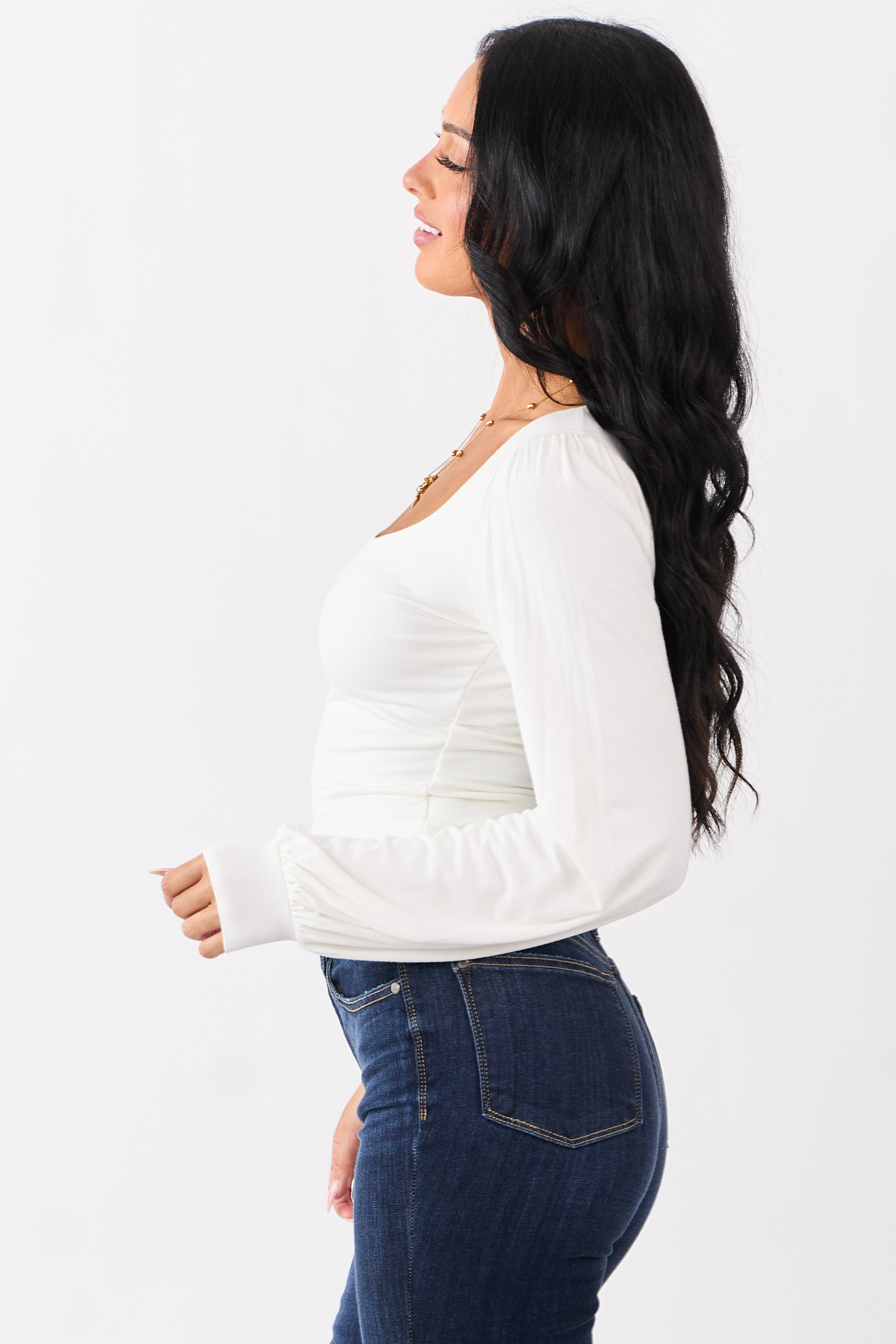 Off White Double Layer Knit Balloon Sleeve Top