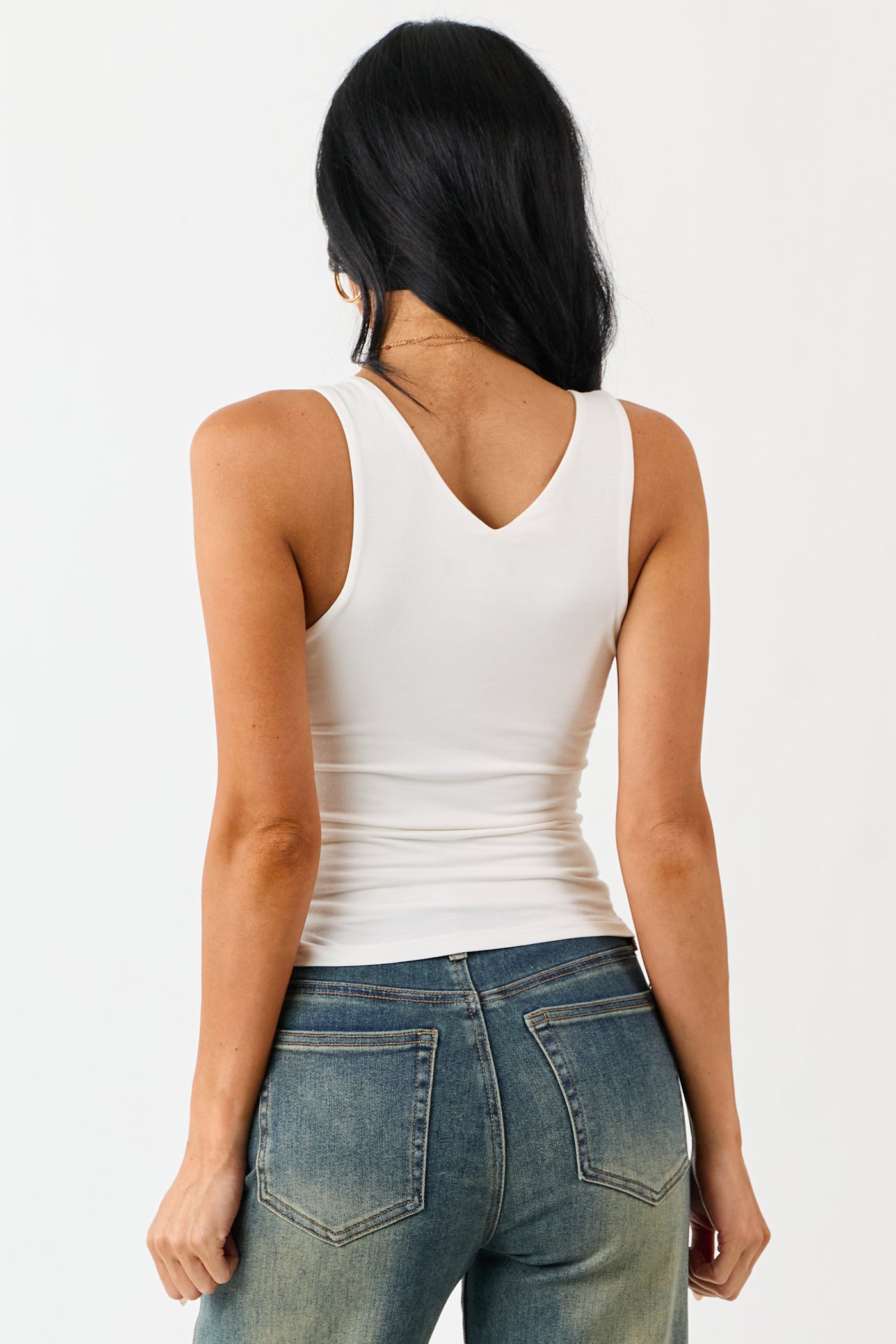 Off White Double Layer Knit V-Neck Tank Top