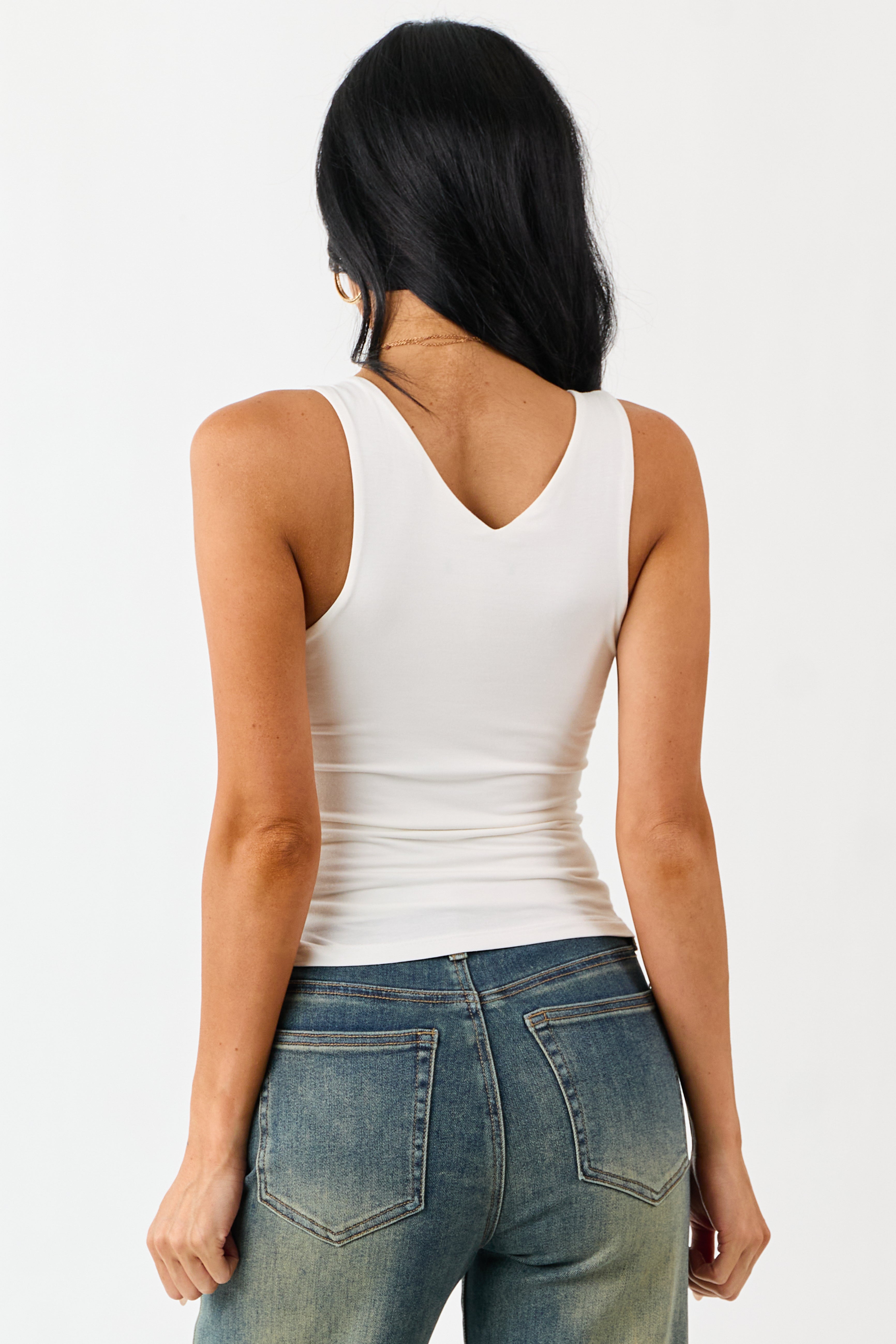 Off White Double Layer Knit V-Neck Tank Top