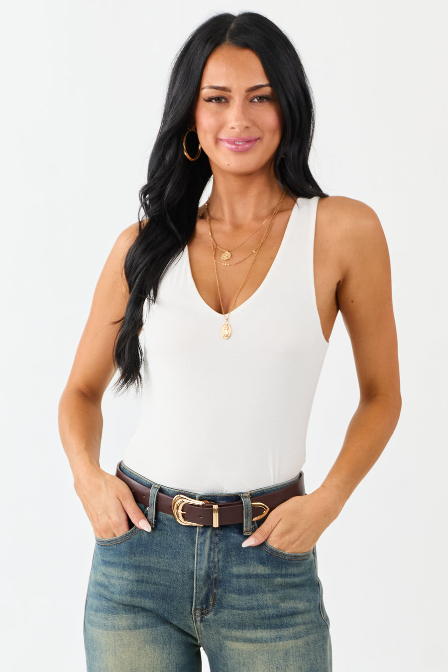Off White Double Layer Knit V-Neck Tank Top
