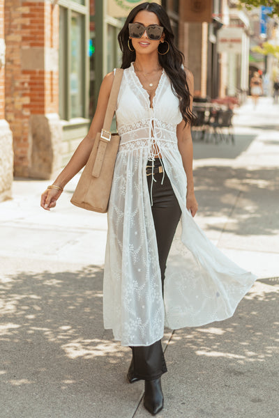Off White Embroidered Eyelet Lace Duster Vest
