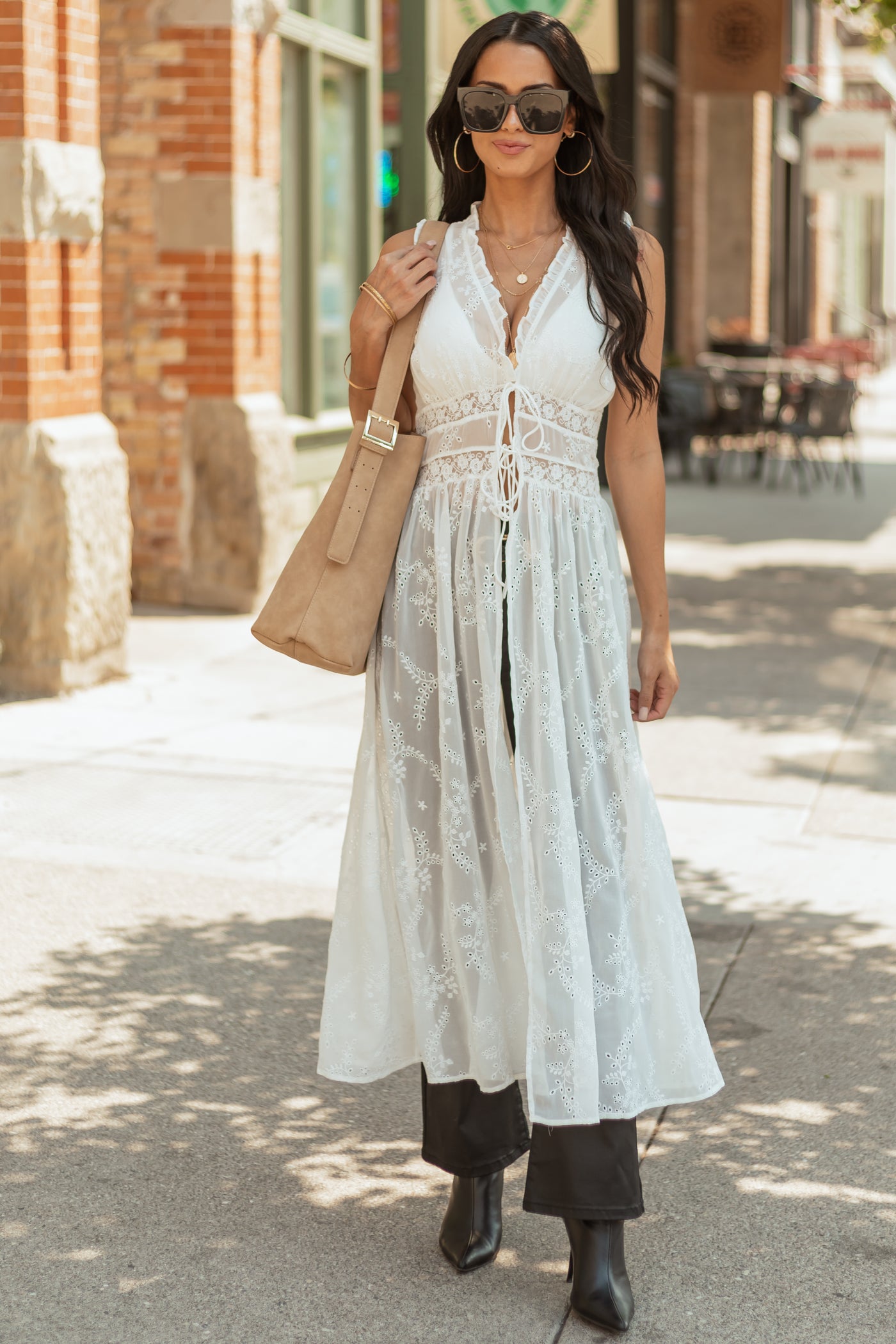 Off White Embroidered Eyelet Lace Duster Vest