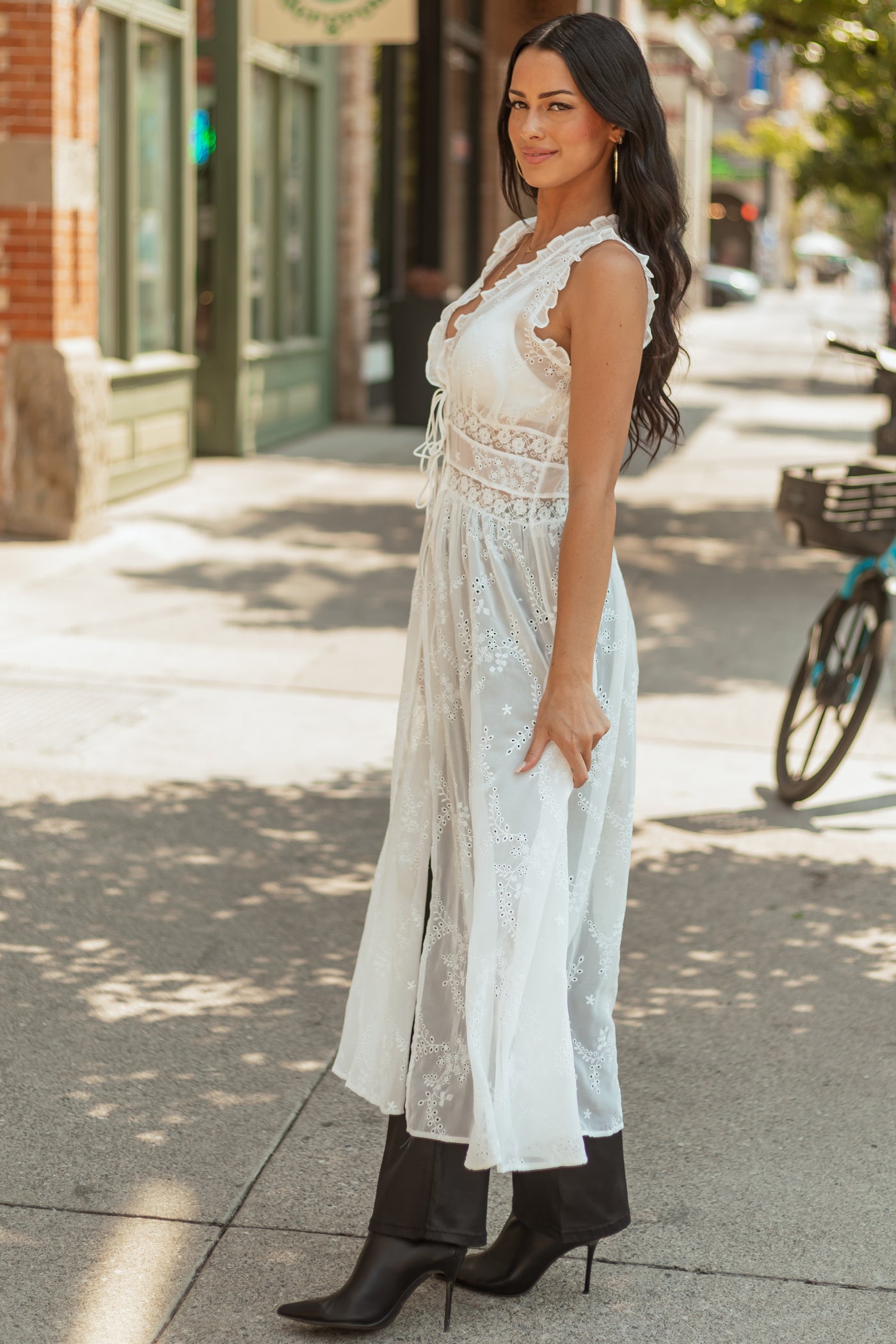 Off White Embroidered Eyelet Lace Duster Vest