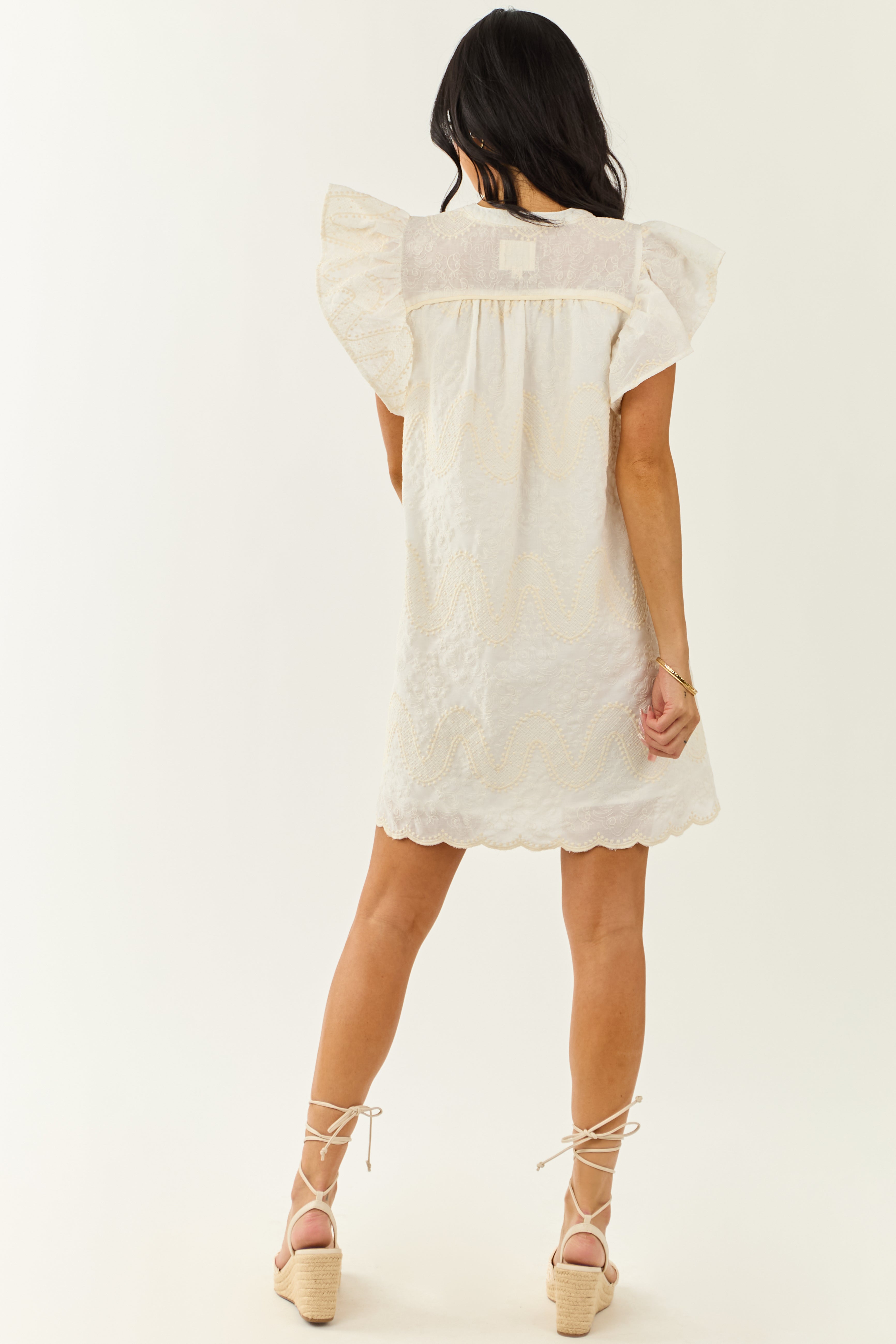 Off White Embroidered Ruffle Sleeve Mini Dress
