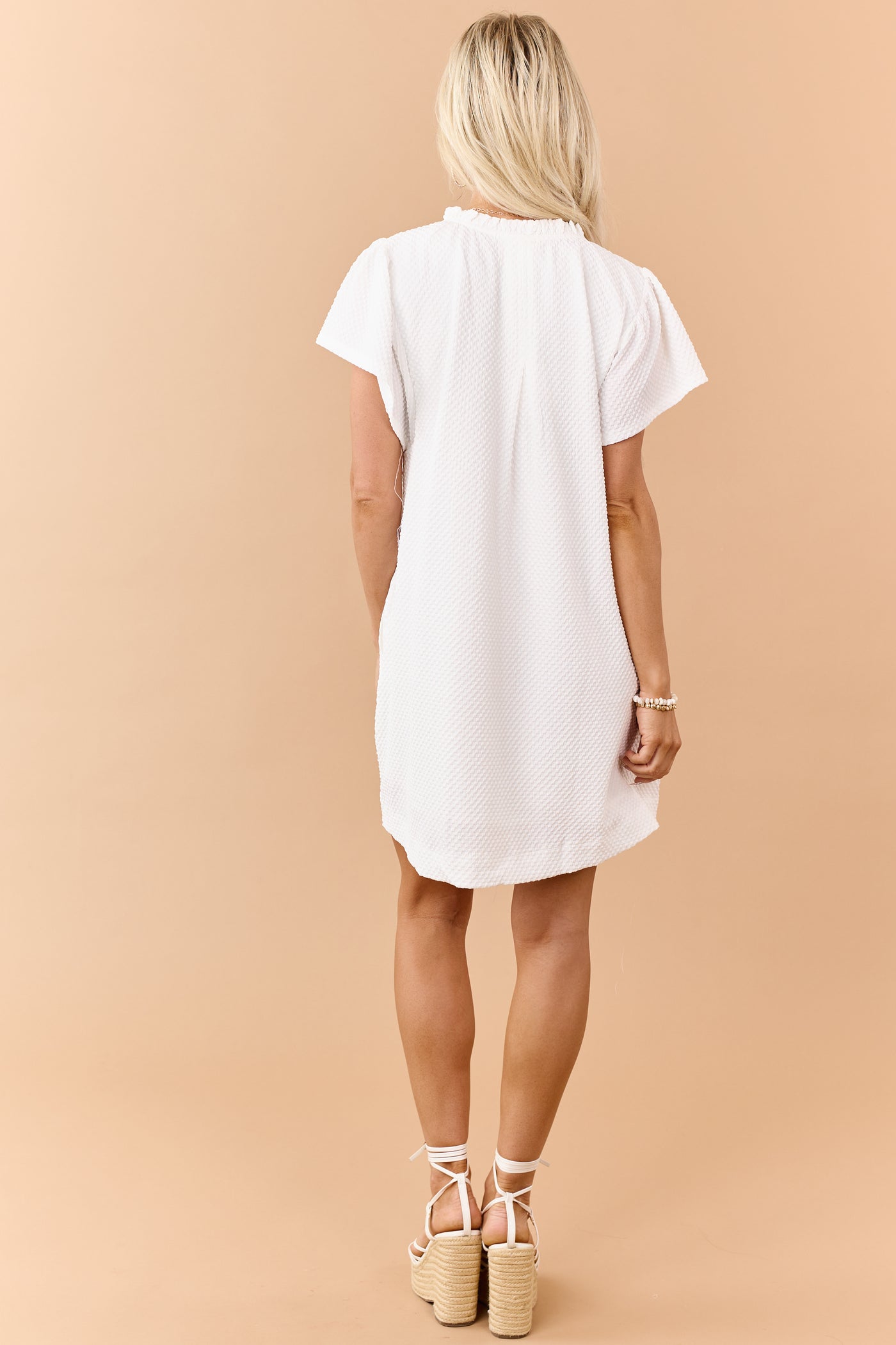 Off White Embroidered V Neck Textured Mini Dress