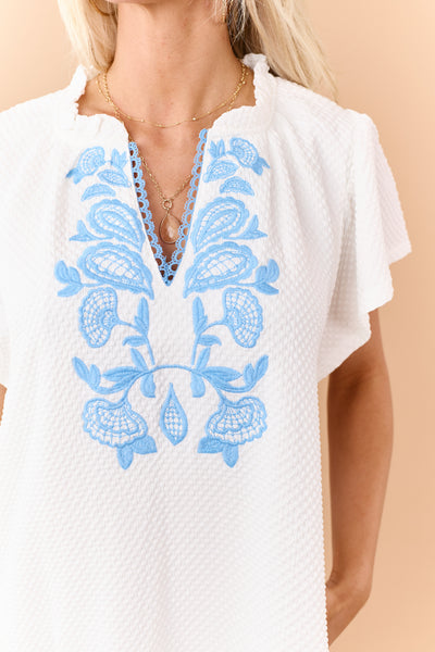 Off White Embroidered V Neck Textured Mini Dress