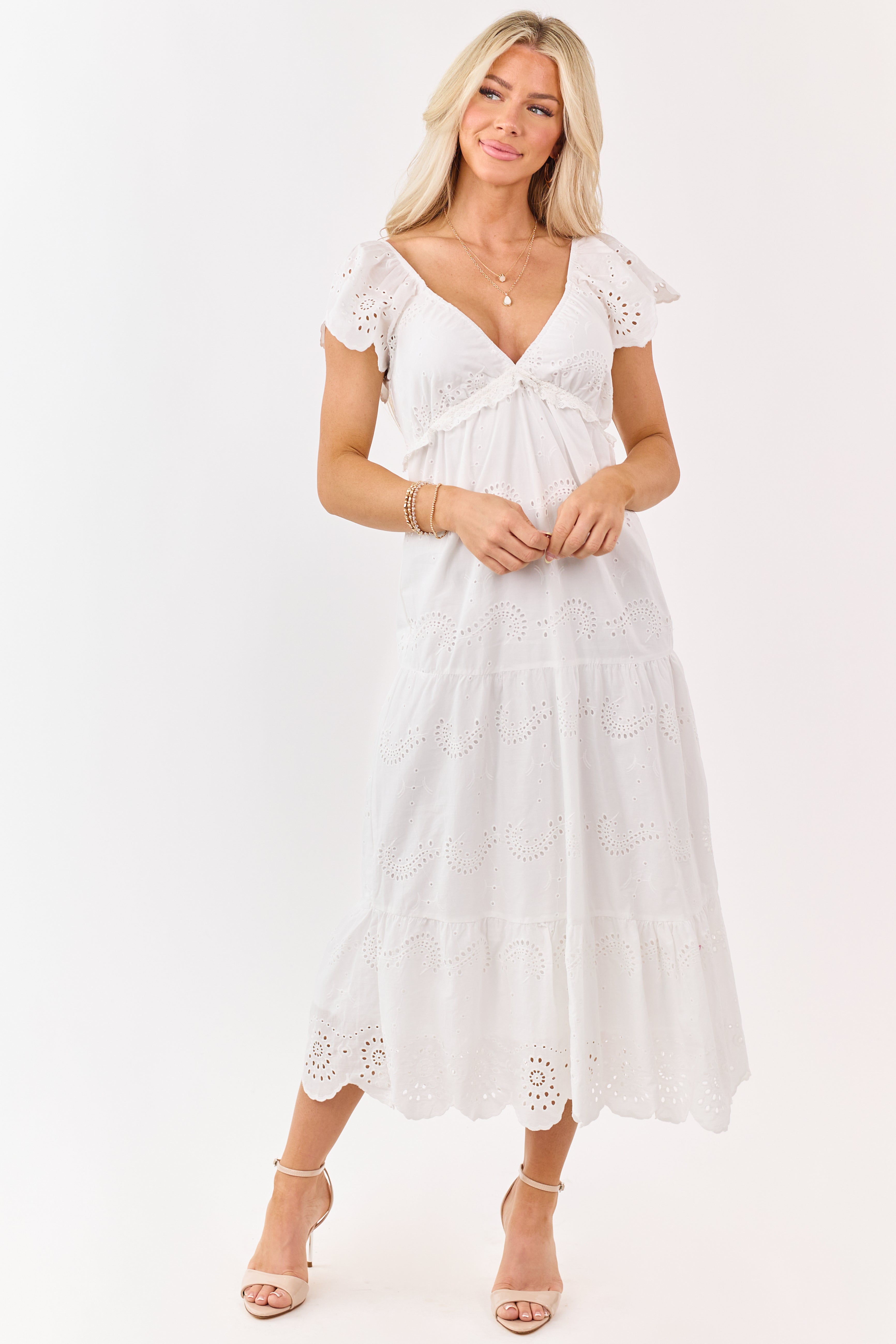 Off White Eyelet Cotton Lace Babydoll Midi Dress