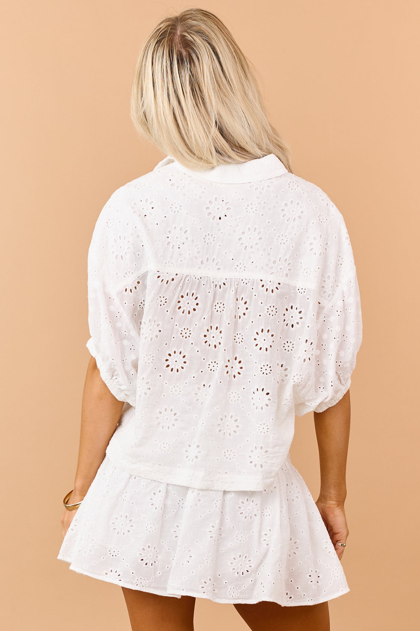 Off White Eyelet Cotton Scalloped Button Down Top
