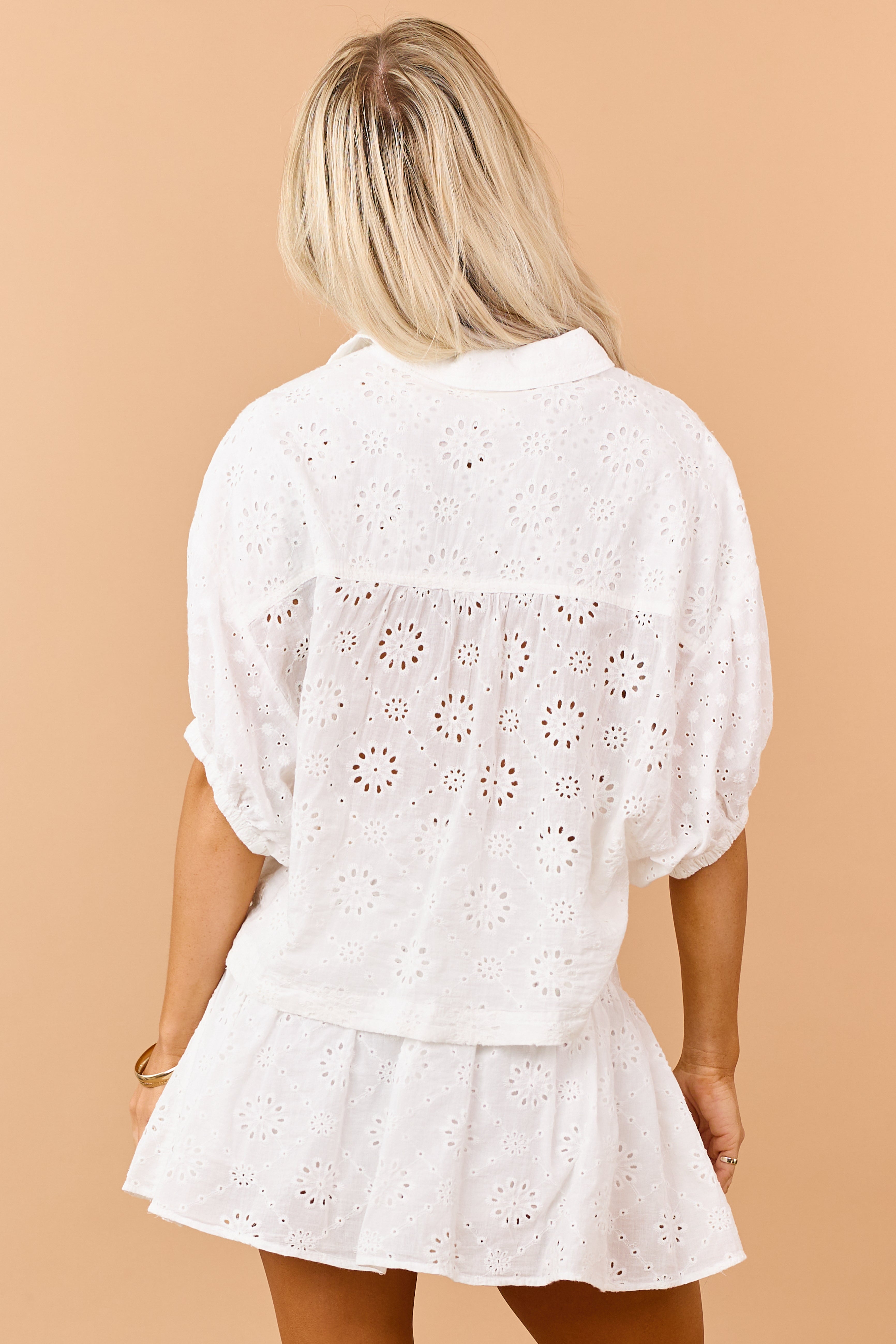 Off White Eyelet Cotton Scalloped Button Down Top