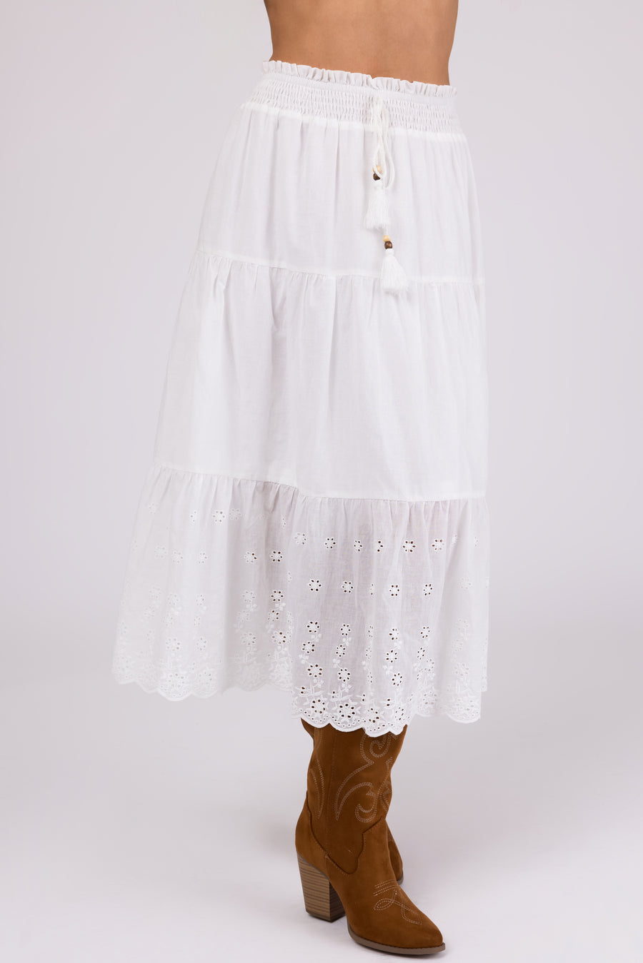 Off White Eyelet Detail Tiered Midi Skirt