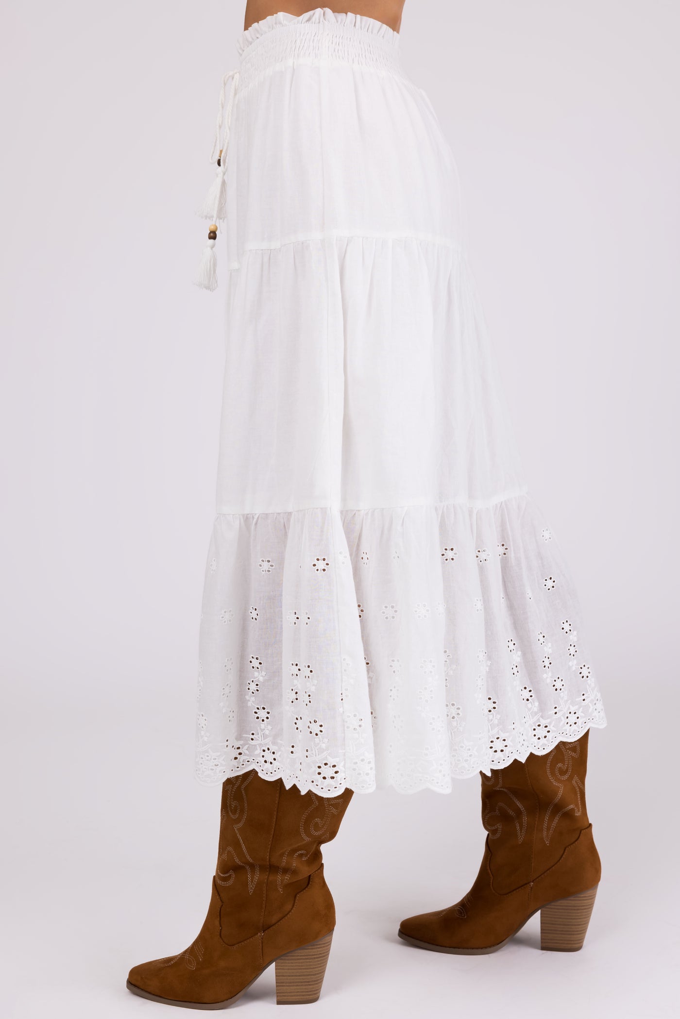Off White Eyelet Detail Tiered Midi Skirt
