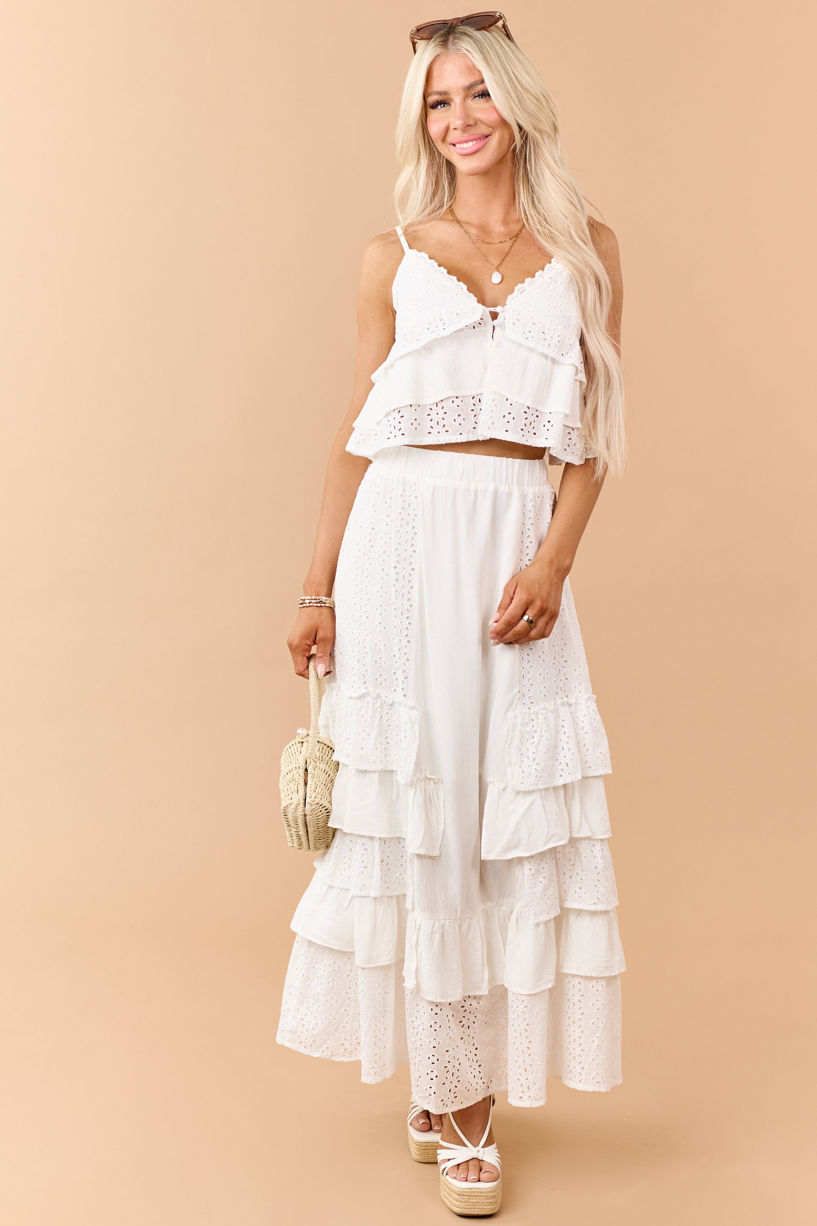 Off White Eyelet Lace Button Down Cami Top