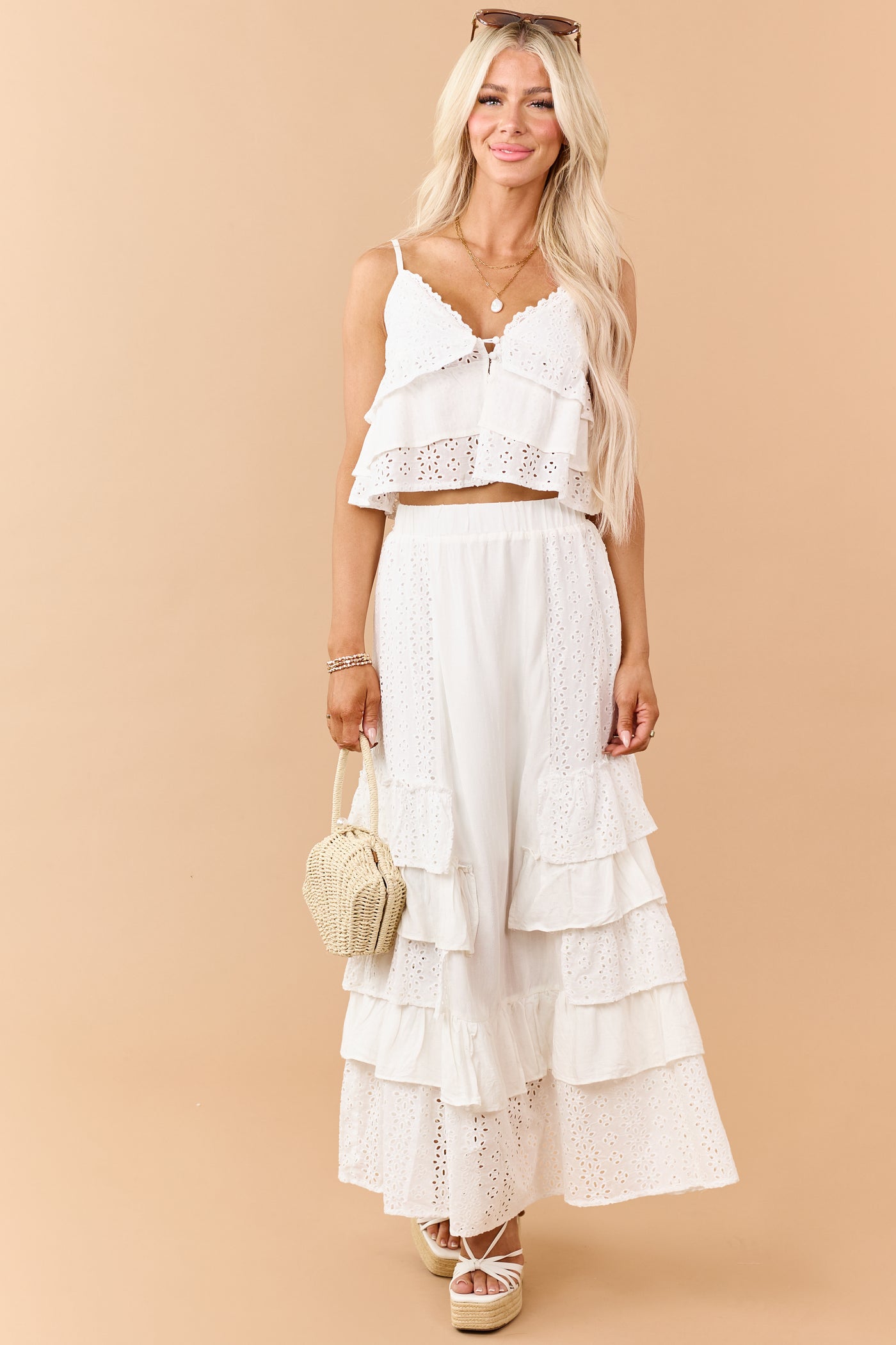 Off White Eyelet Lace Button Down Cami Top