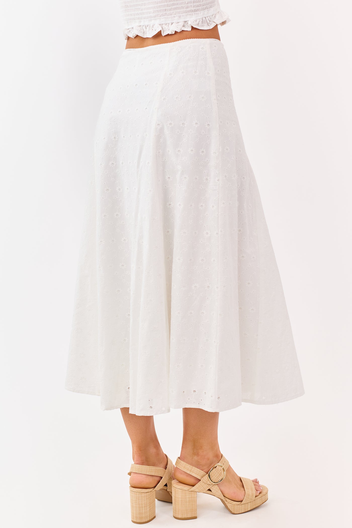 Off White Eyelet Lace Cotton Midi Skirt