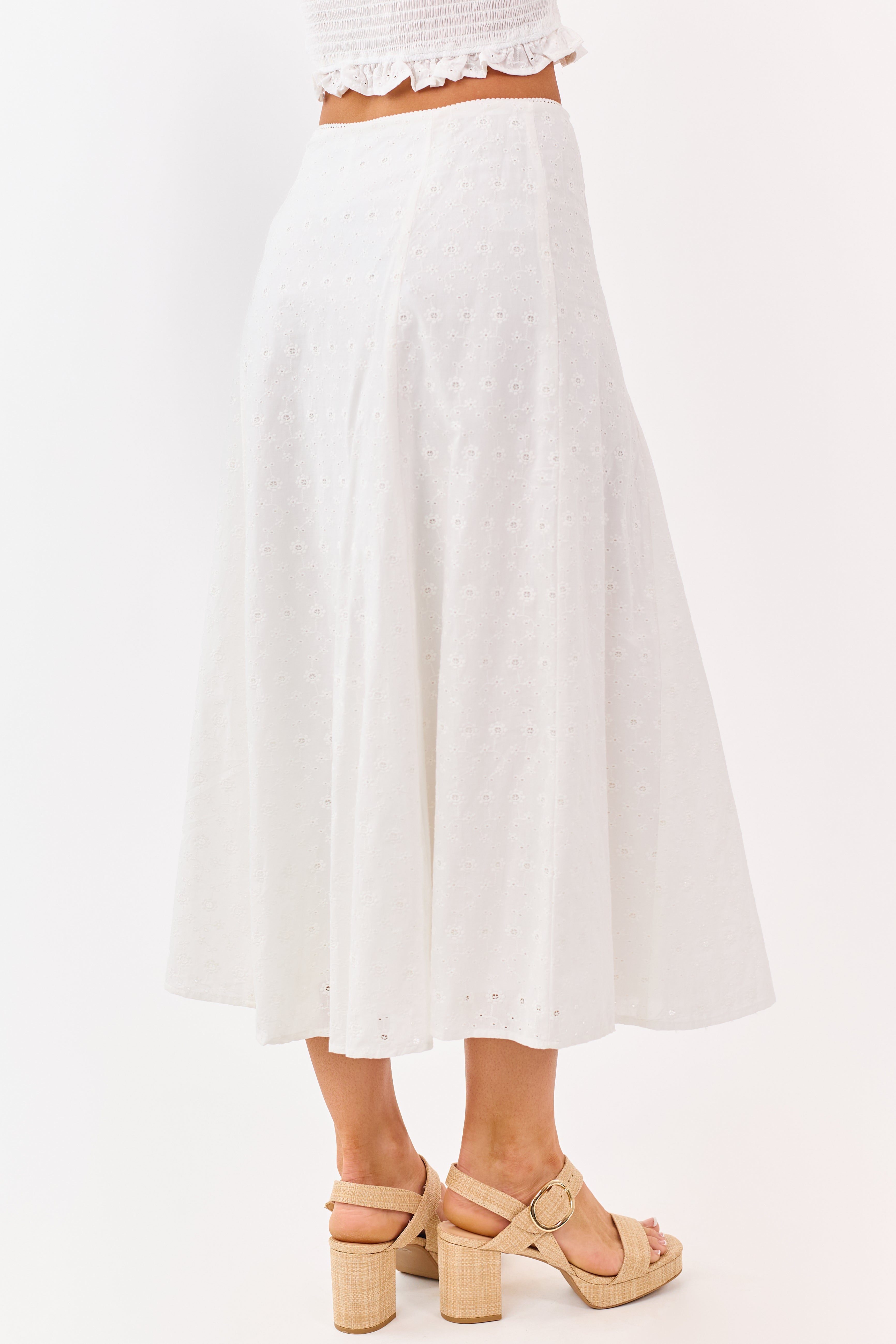 Off White Eyelet Lace Cotton Midi Skirt