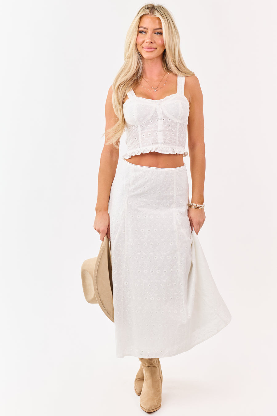 Off White Eyelet Lace Cotton Midi Skirt