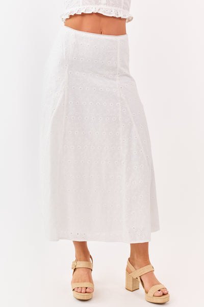 Off White Eyelet Lace Cotton Midi Skirt