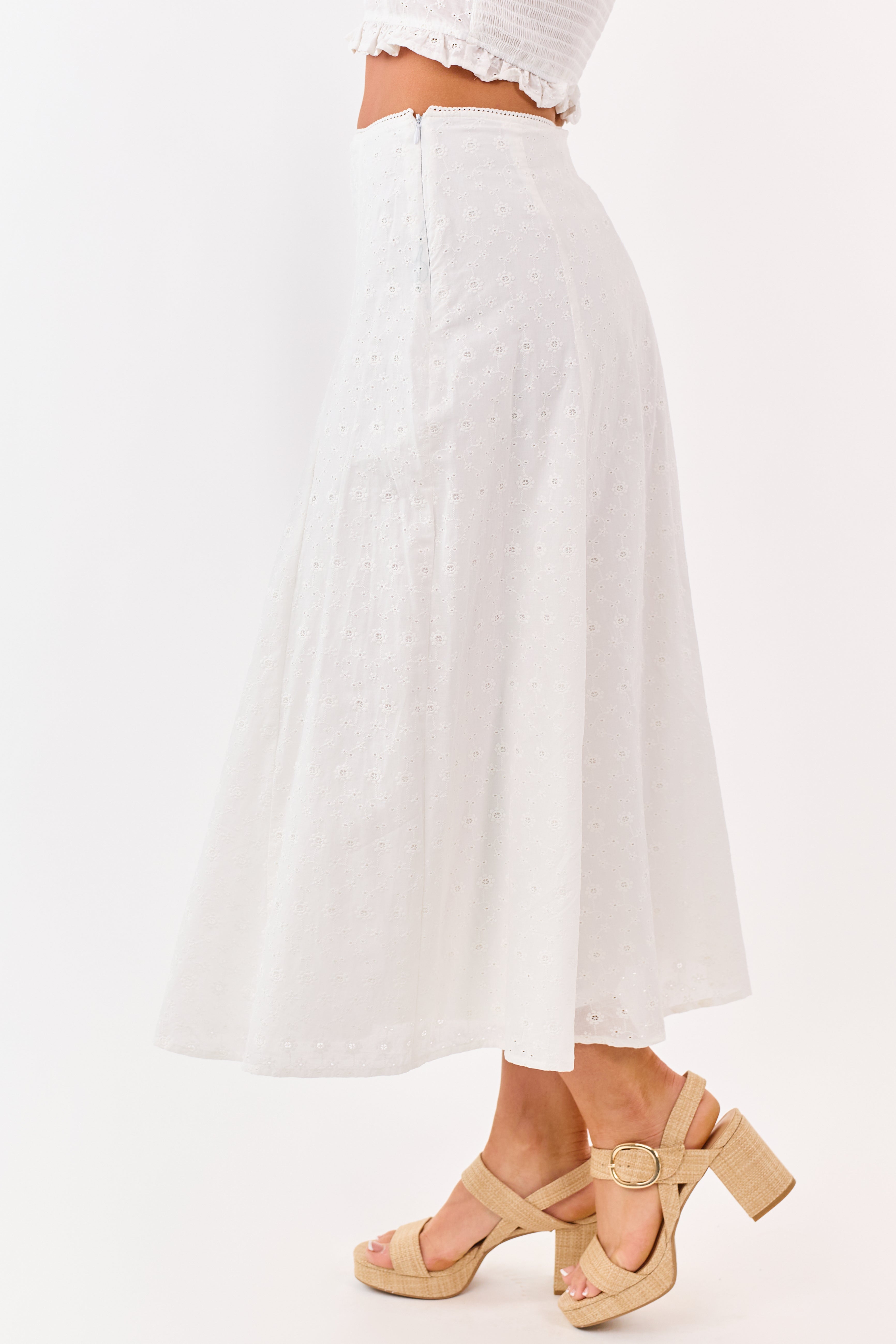 Off White Eyelet Lace Cotton Midi Skirt
