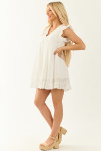 Off White Eyelet Lace Ruffle Sleeve Mini Dress