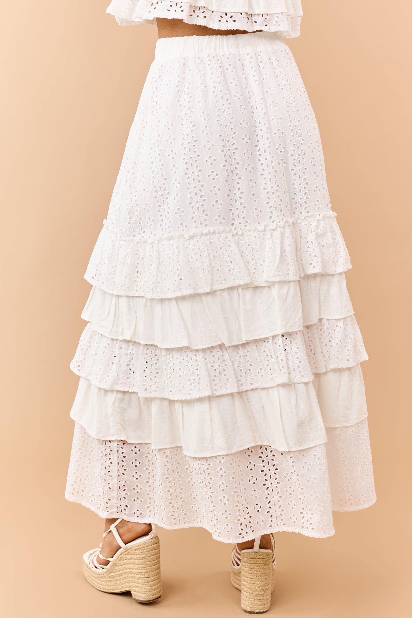 Off White Eyelet Lace Ruffle Tiered Maxi Skirt