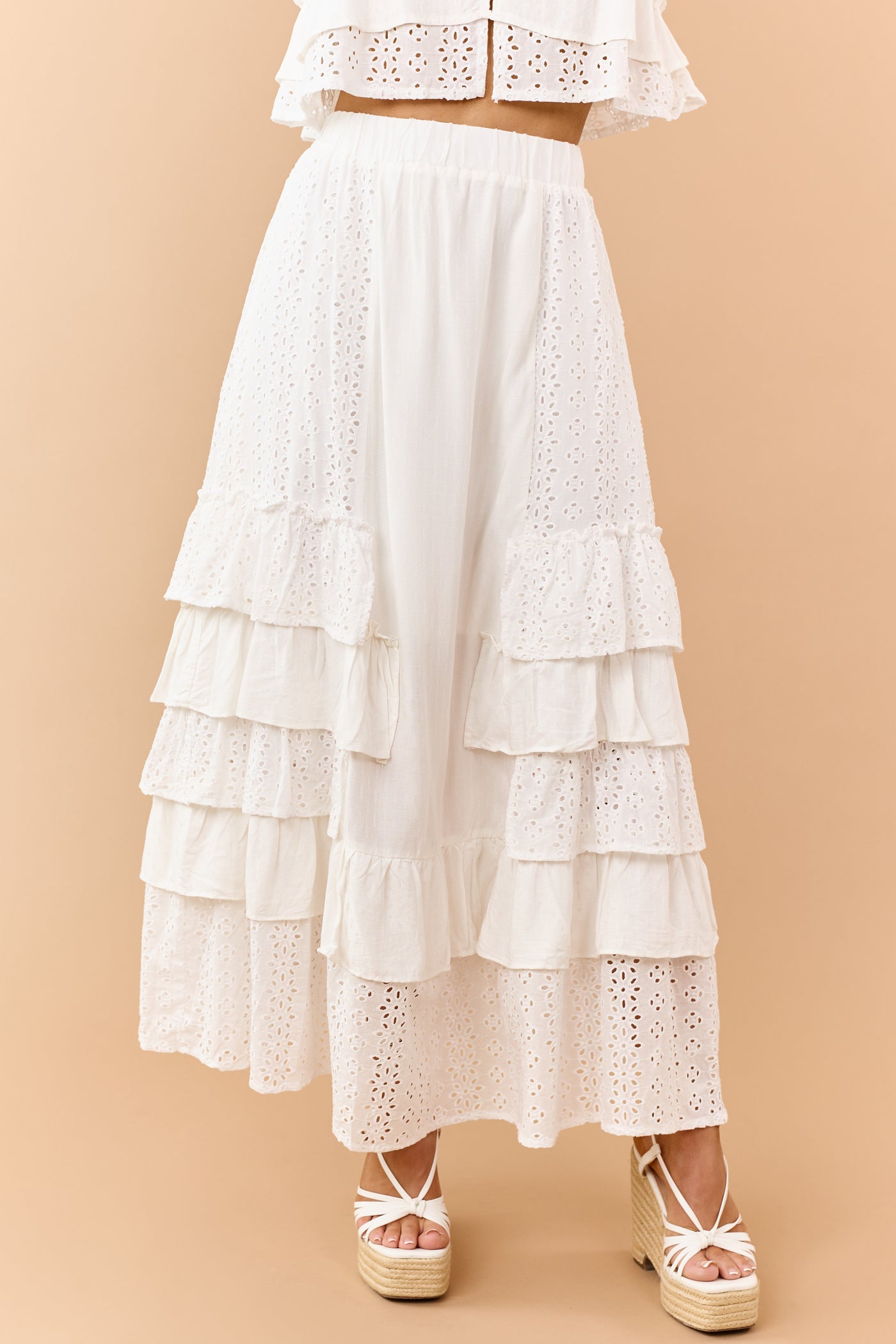 Off White Eyelet Lace Ruffle Tiered Maxi Skirt