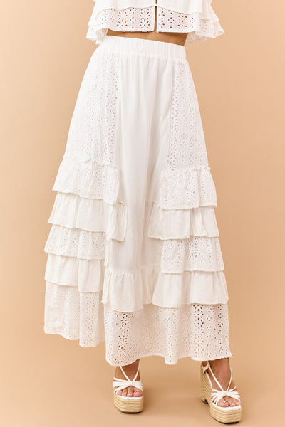 Off White Eyelet Lace Ruffle Tiered Maxi Skirt