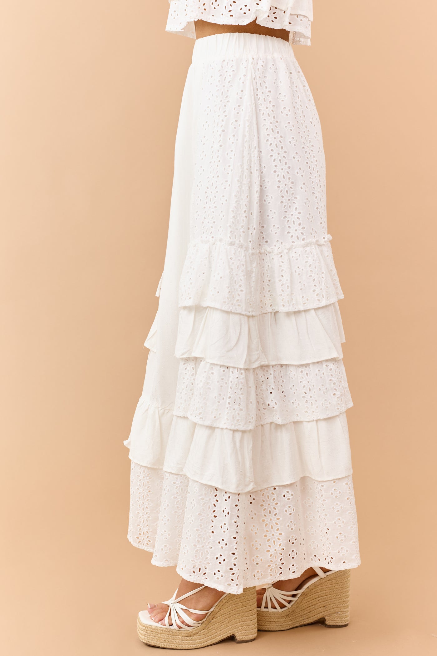 Off White Eyelet Lace Ruffle Tiered Maxi Skirt
