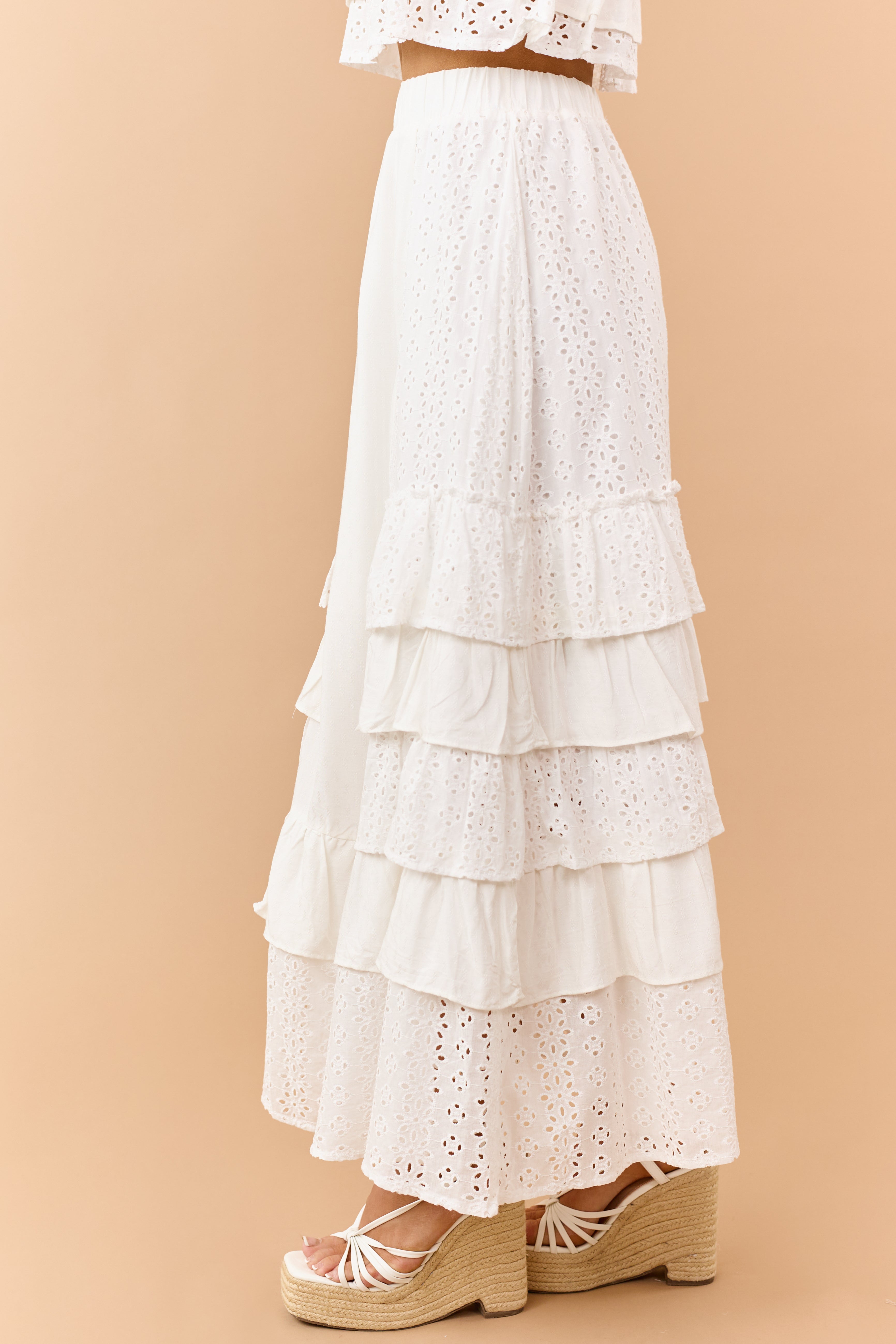 Off White Eyelet Lace Ruffle Tiered Maxi Skirt