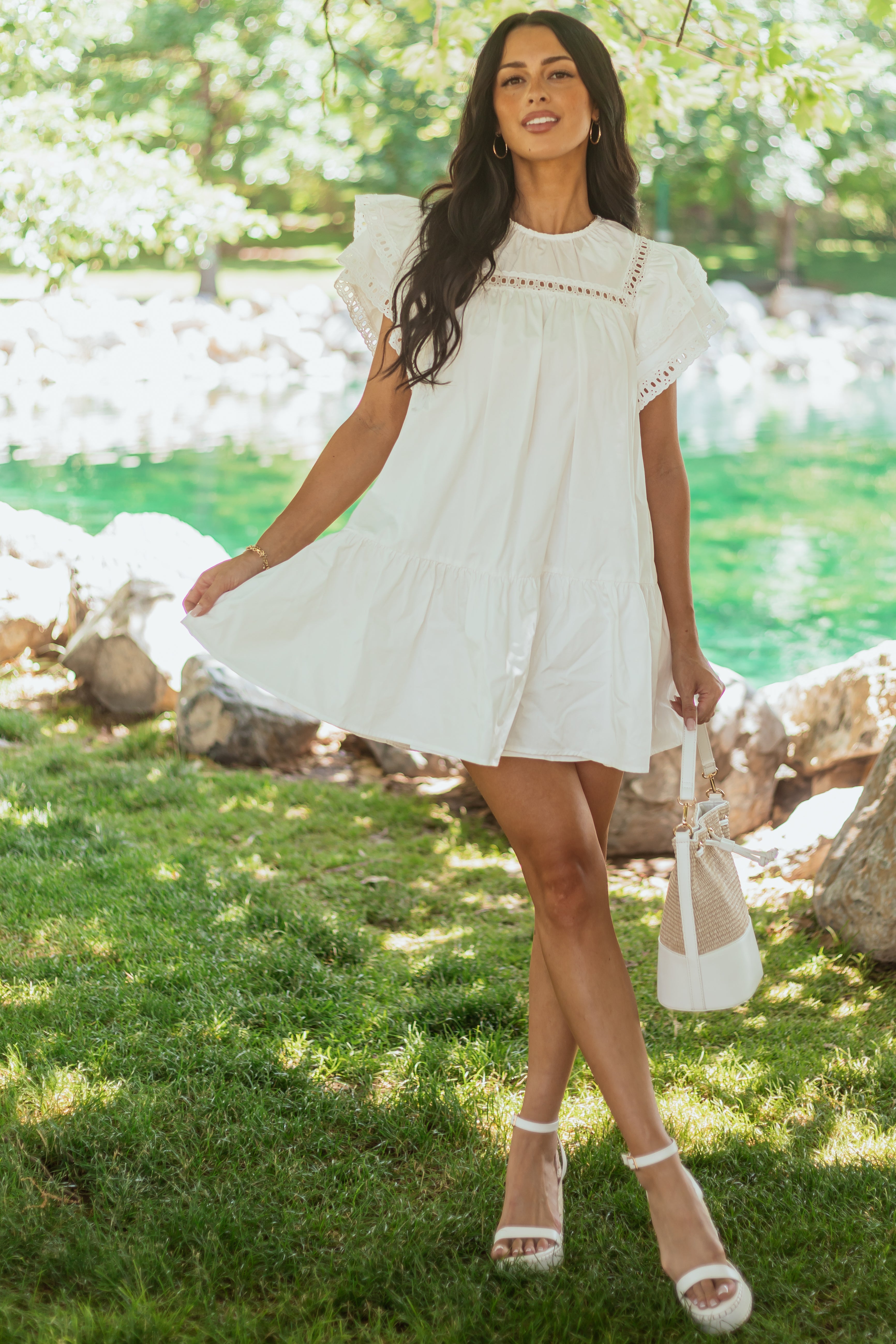 Off White Eyelet Lace Short Sleeve Cotton Mini Dress