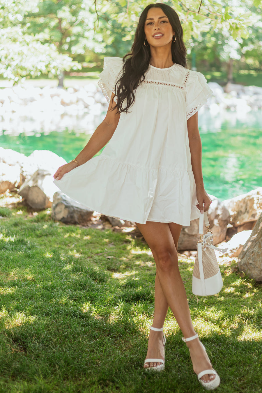 Off White Eyelet Lace Short Sleeve Cotton Mini Dress