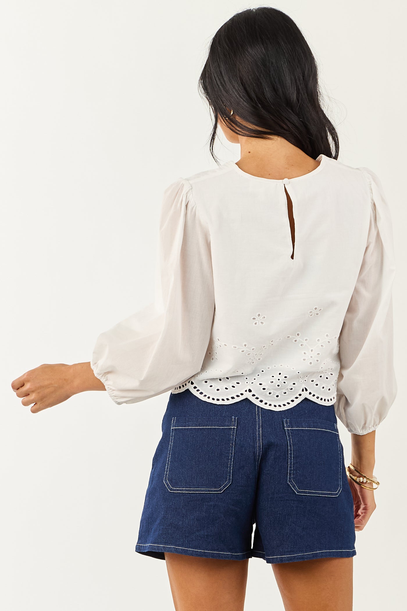 Off White Eyelet Long Sleeve Cotton Crop Top